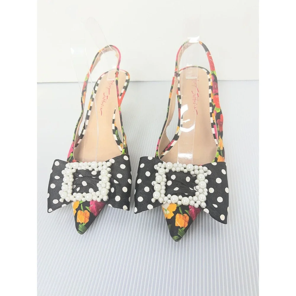 Betsey Johnson Floral Polka Dot Pearl Bow Slingback Kitten Heel Pumps Womens 8M